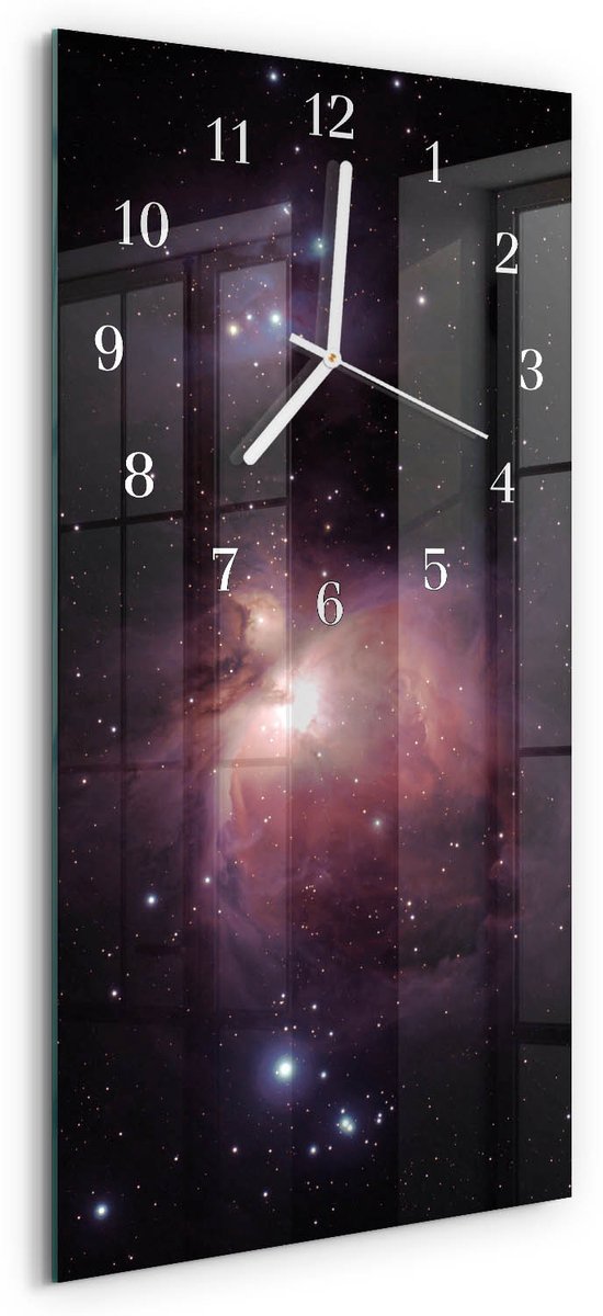 TULUP Wandklok - Ruimte Wandklok Glas Met Motief - 30x60 cm - Veelkleurig Decoratieve Glazen Klok - Witte Handen - Rechthoekige Wandklok - Gekleurde Glazen Klok - Glazen Klok Met Print Veelkleurig - Ruimte