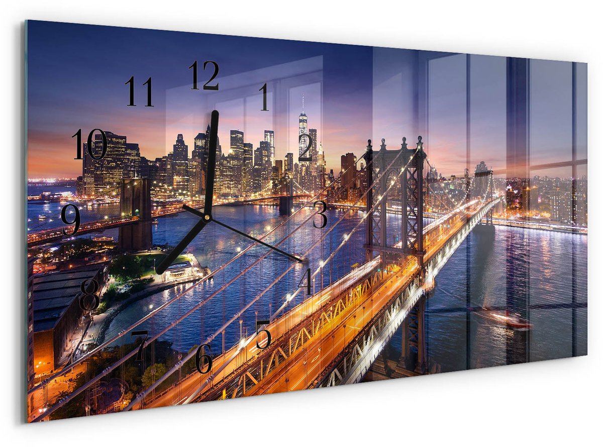 TULUP Wandklok - New York Gekleurde Glazen Klok - 60x30 cm - Paars Glazen Klok Met Print - Zwarte Handen - Rechthoekige Wandklok - Wandklok Glas Decoratie - Gekleurde Glazen Klok Paars - New York