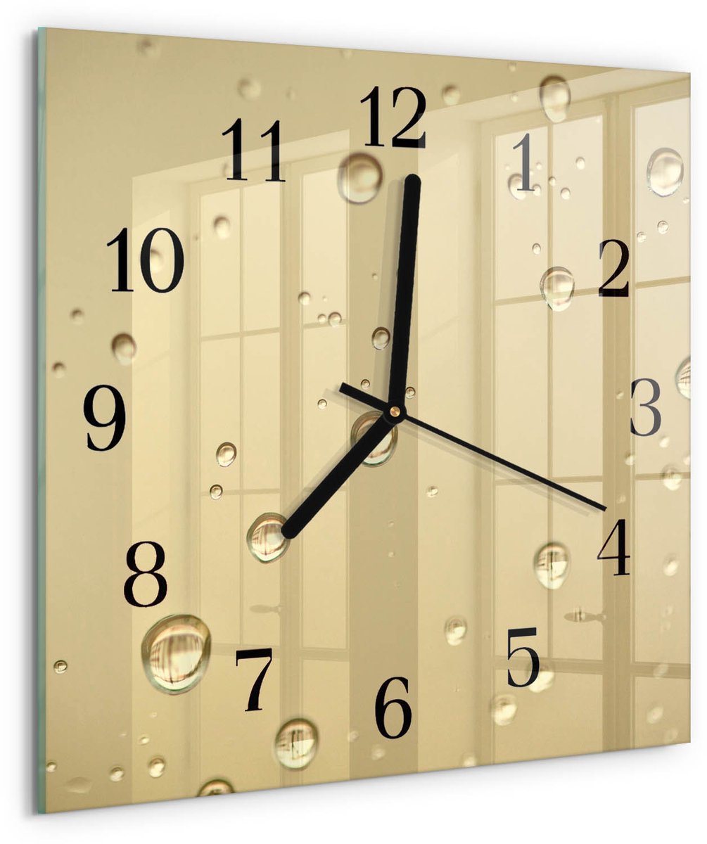 TULUP Wandklok - Druppels Gekleurde Glazen Klok - 30x30 cm - Bruin Glazen Klok Met Print - Zwarte Handen - Vierkante Wandklok - Wandklok Glas Met Motief - Decoratieve Glazen Klok Bruin - Druppels