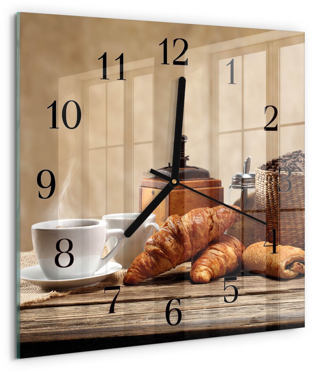 TULUP Wandklok - Croissants Wandklok Glas Decoratie - 30x30 cm - Bruin Gekleurde Glazen Klok - Zwarte Handen - Vierkante Wandklok - Wandklok Glas Decoratie - Gekleurde Glazen Klok Bruin - Croissants