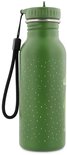 Zij-aanzicht van een groene drinkfles met stippen en een krokodilprint.