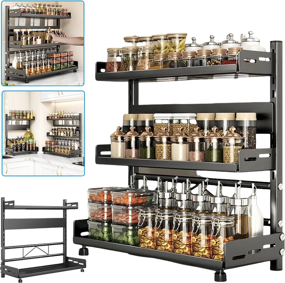 EMVAE kruidenrek - keuken organizer - kruiden organizer - kruidenpotjes rek - 3 laags - 54 x 50 x 16 cm - zwart