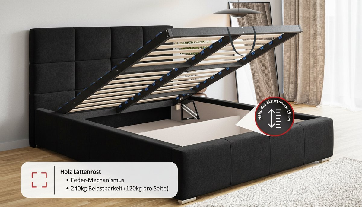 Gestoffeerd bed 180x200 cm met opbergruimte en lattenbodem – fluwelen velvet bed zwart met hydraulische bedlade, hoofdeinde 104 cm, modern design, houten + metalen frame – HomeByNicole Luna Bed