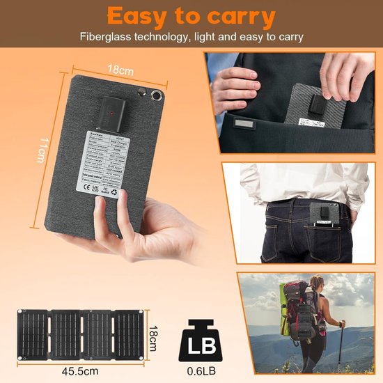 Solar Charger Opvouwbaar, Draagbare oplader op zonne-energie met drie-in-één datakabel en karabijnhaak, waterdicht zonnepaneel voor buitenactiviteiten, voor smartphone, tablet, hoofdtelefoon van Solar — afbeelding 5