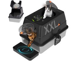 Kattenbak roestvrij staal met deksel – XXL grote kattenbak – 60x40x39 cm – met schep en actieve koolfilter – 304 roestvrij staal – spatwaterdicht – 2 ingangen – 3-in-1 functie