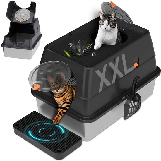 Kattenbak roestvrij staal met deksel – XXL grote kattenbak – 60x40x39 cm – met schep en actieve koolfilter – 304 roestvrij staal – spatwaterdicht – 2 ingangen – 3-in-1 functie
