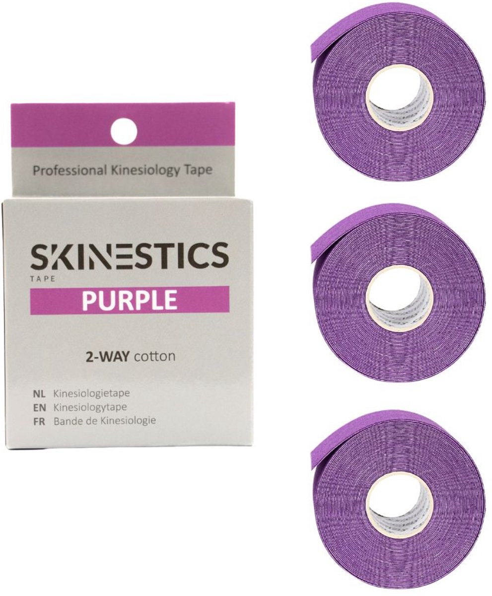 Triple pack Skinestics Sport tape – Fysio tape – Kleur Paars – nu 20% langer, 600 cm lang bij 5 cm breed, 170% rekbaar gelijk aan menselijke huid, standaard voorzien van extra sterke lijm, katoen, voor het hele lichaam, spier ondersteuning