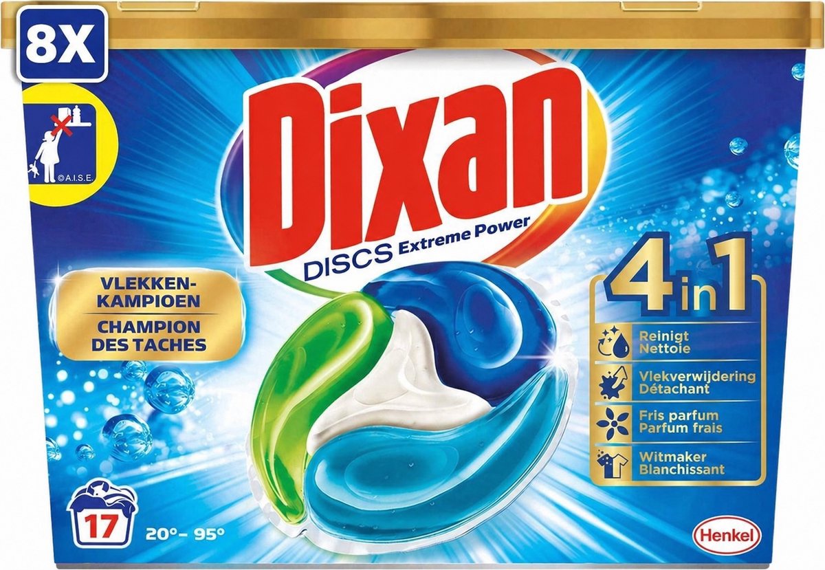 8 x Dixan Discs - Wasmiddelcapsules en Vlekverwijderaar - Extreme Power - Witte, Gekleurde & Zwarte Was - 17 Wasbeurten
