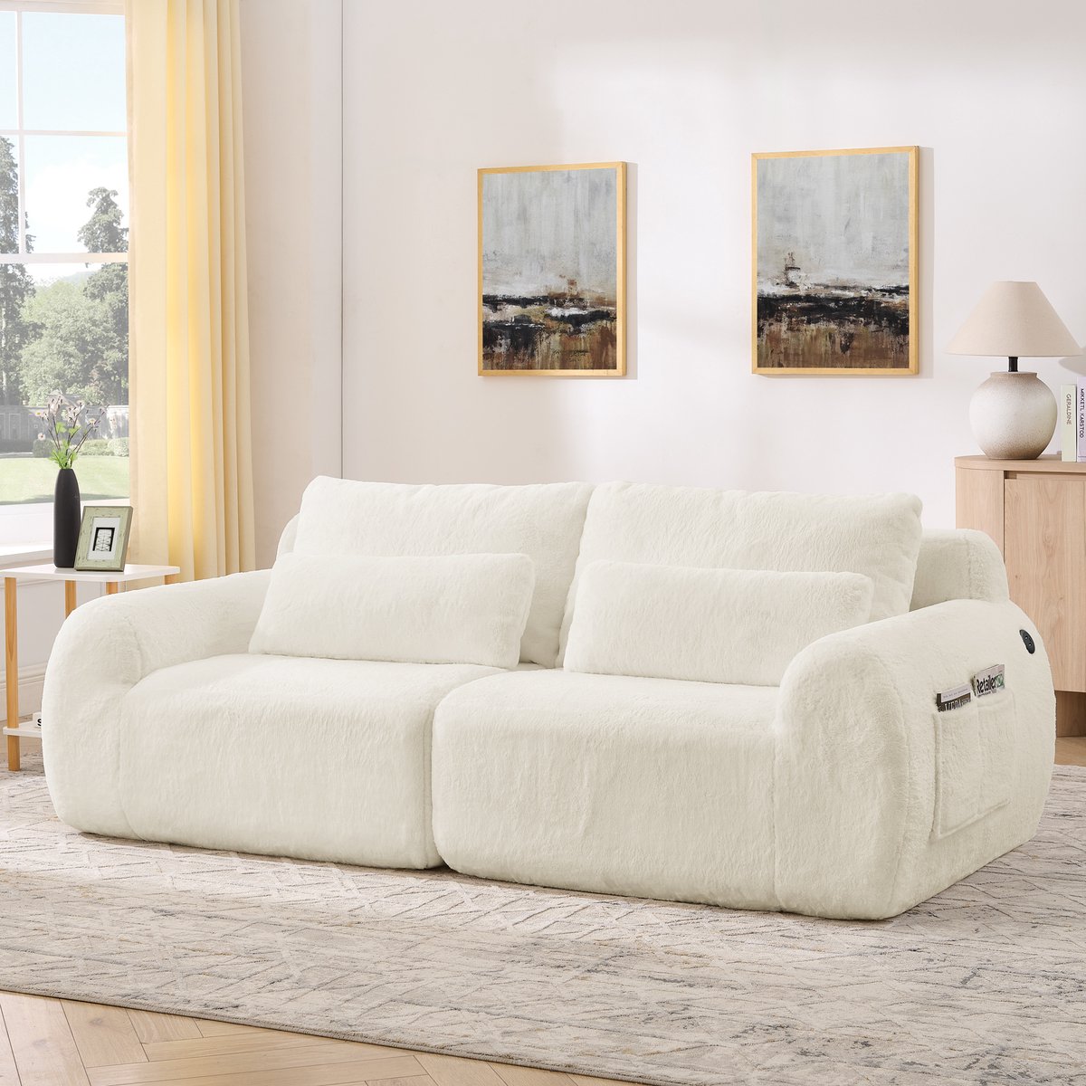 REDOM 2-Zitsbank met USB-aansluiting en zijvak - Moderne loungebank voor woonkamer of slaapkamer - Schuim - Beige - 208 x 101 x 81 cm