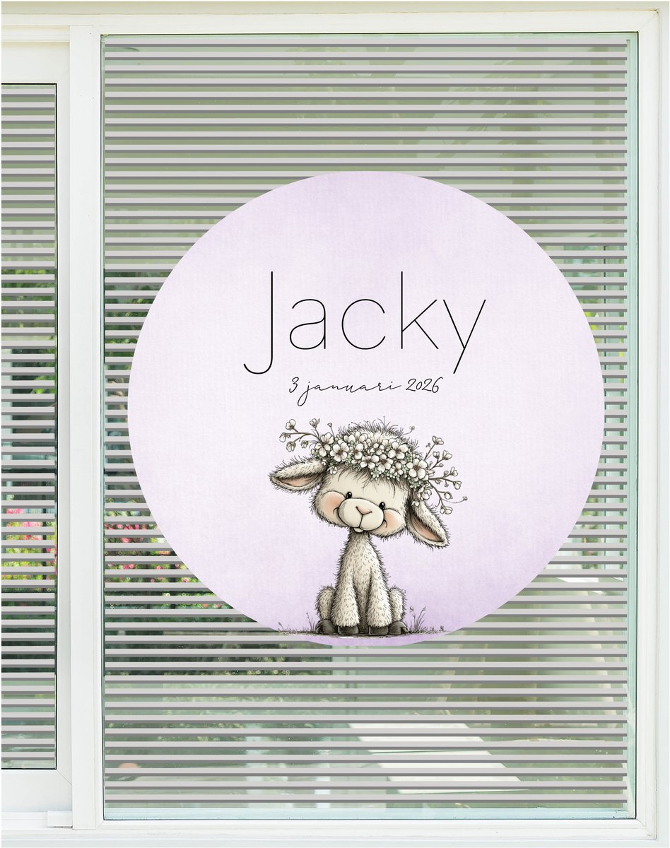 StudioJitske | raamsticker 80cm | raambord | geboortebord | lammetje, schaapje met bloemen met naam en geboortedatum