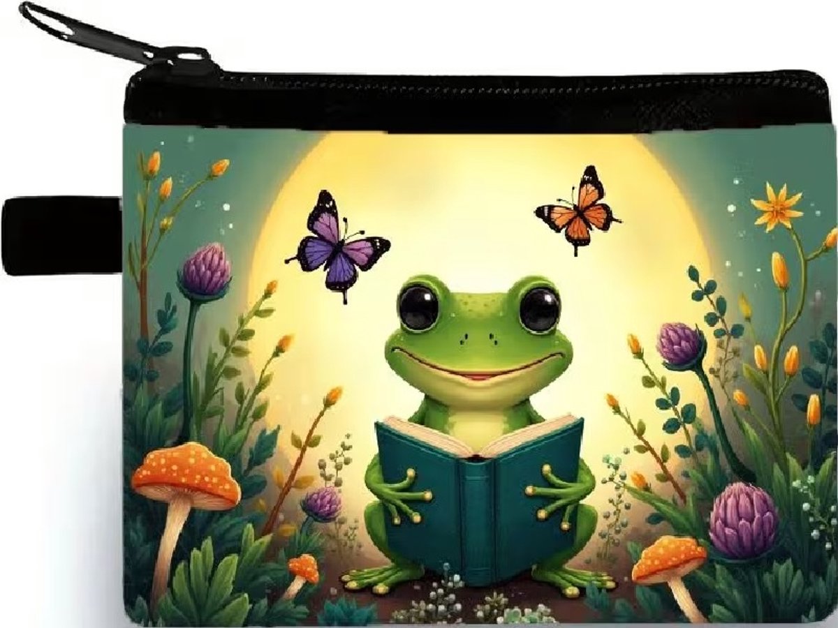 Gemakkelijk om erbij te hebben, dit handige rits portemonneetje 10x14cm. Een mooie afbeelding van een kikker die in een boek leest. Erg leuk om voor jezelf te kopen of om cadeau te geven. Ook leuk bij Sinterklaas, Kerst of vakantie.