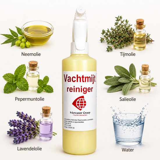 Sprayflacon met gele vloeistof, omringd door ingrediënten: olijven, groene blaadjes, pepermunt, lavendel, tijm, salie en een glas water.