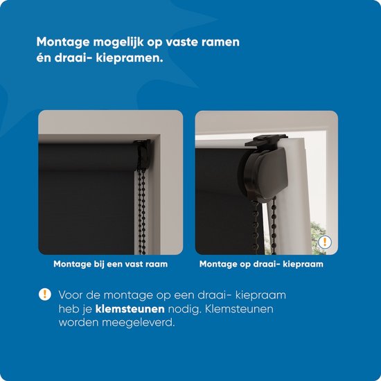 Installation d'un store enrouleur noir sur une fenêtre fixe et une fenêtre battante-oscillo-battante. Des supports de serrage sont inclus.