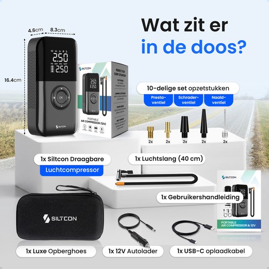Siltcon® Elektrische Fietspomp - Luchtcompressor - Tot 10.8 Bar - 8500 mAh Powerbank - Compressor - Bandenpomp Auto - Elektrische Bandenpomp - Luchtpomp – Universeel – Oplaadbaar & 12V – 35l/min – SOS Lamp - Noodpakket - Incl. 10 Opzetstukjes en Hoes