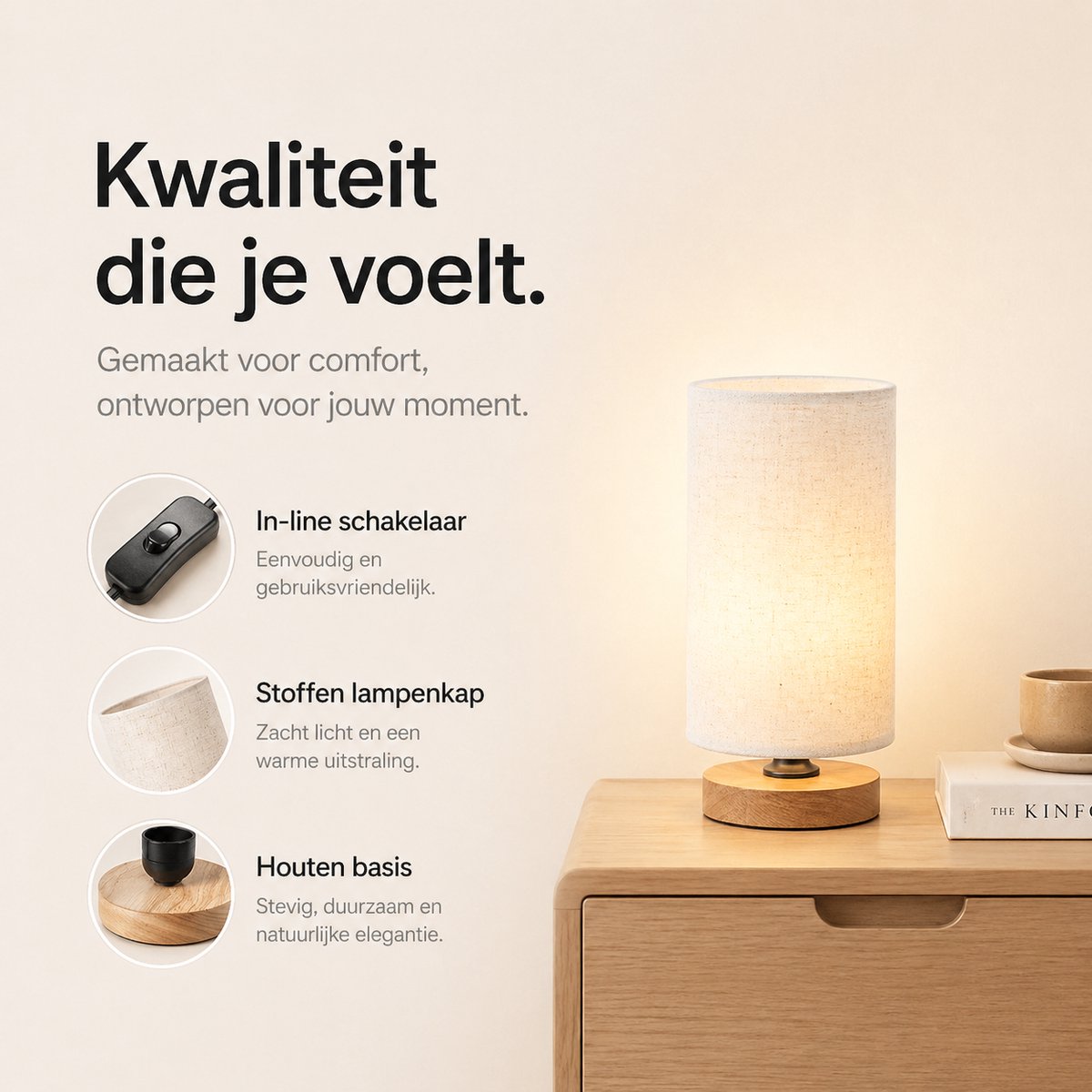 Sounix Tafellamp voor Nachtkastje - 3 Lichtkleuren 3000K/4000K/6000K - Inclusief E27 LED Lamp - Ronde Stoffen Lampenkap - Beige thumbnail 2