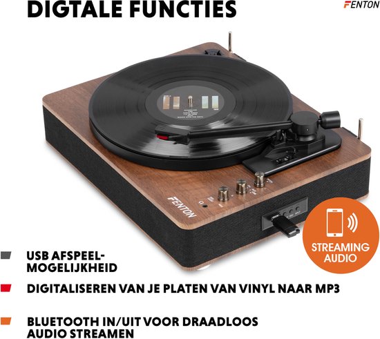 Platenspeler Bluetooth (in/uit) - Fenton RP162 - retro platenspeler met speakers (stereo) en mp3 speler - Bruin