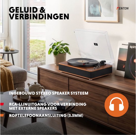 Platenspeler Bluetooth (in/uit) - Fenton RP162D - retro platenspeler met speakers (stereo) en mp3 speler - Donkerbruin