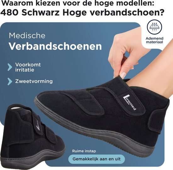 Hoge zwarte Liromed schoen met klittenbandsluitingen. Ademend materiaal, voorkomt irritatie en zweetvorming. Gemakkelijk aan en uit.