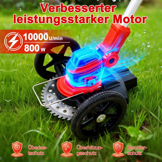 Rode accugrasmaaier motor met blauwe gloed, 10000 rpm en 800W, in gras. Beschermd tegen overbelasting en oververhitting.