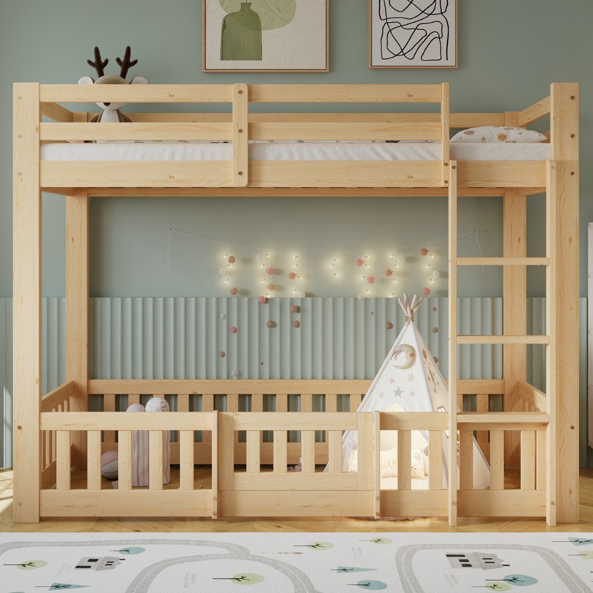 VVBV Houten Kinderbed Hoogslaper met Trap, Hekjes & Deurtje, Valbeveiliging, Natuurlijk Grenenhout, 90x200 cm
