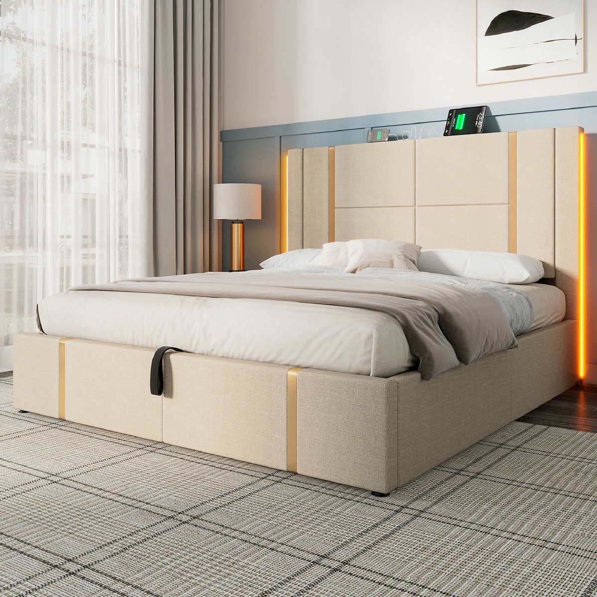 VVBV Bed met opbergruimte 180x200 / Tweepersoonsbed 180x200 – Beige – met Hydraulische Opbergruimte, LED-Verlichting, USB, USB-C, Lattenbodem – Linnen