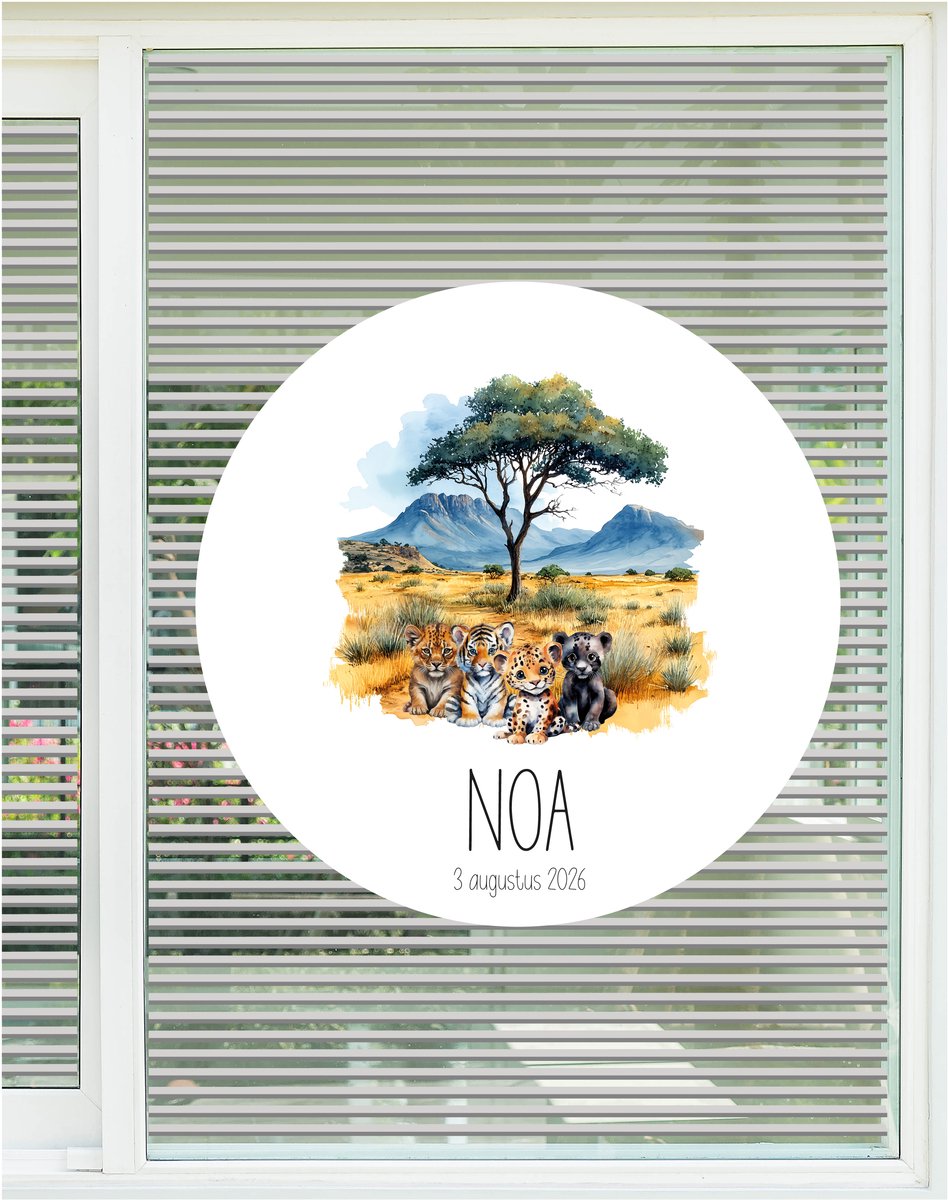 StudioJitske | Geboortebord | raambord | raamsticker 80cm | savanne dieren panter, tijger met naam en geboortedatum