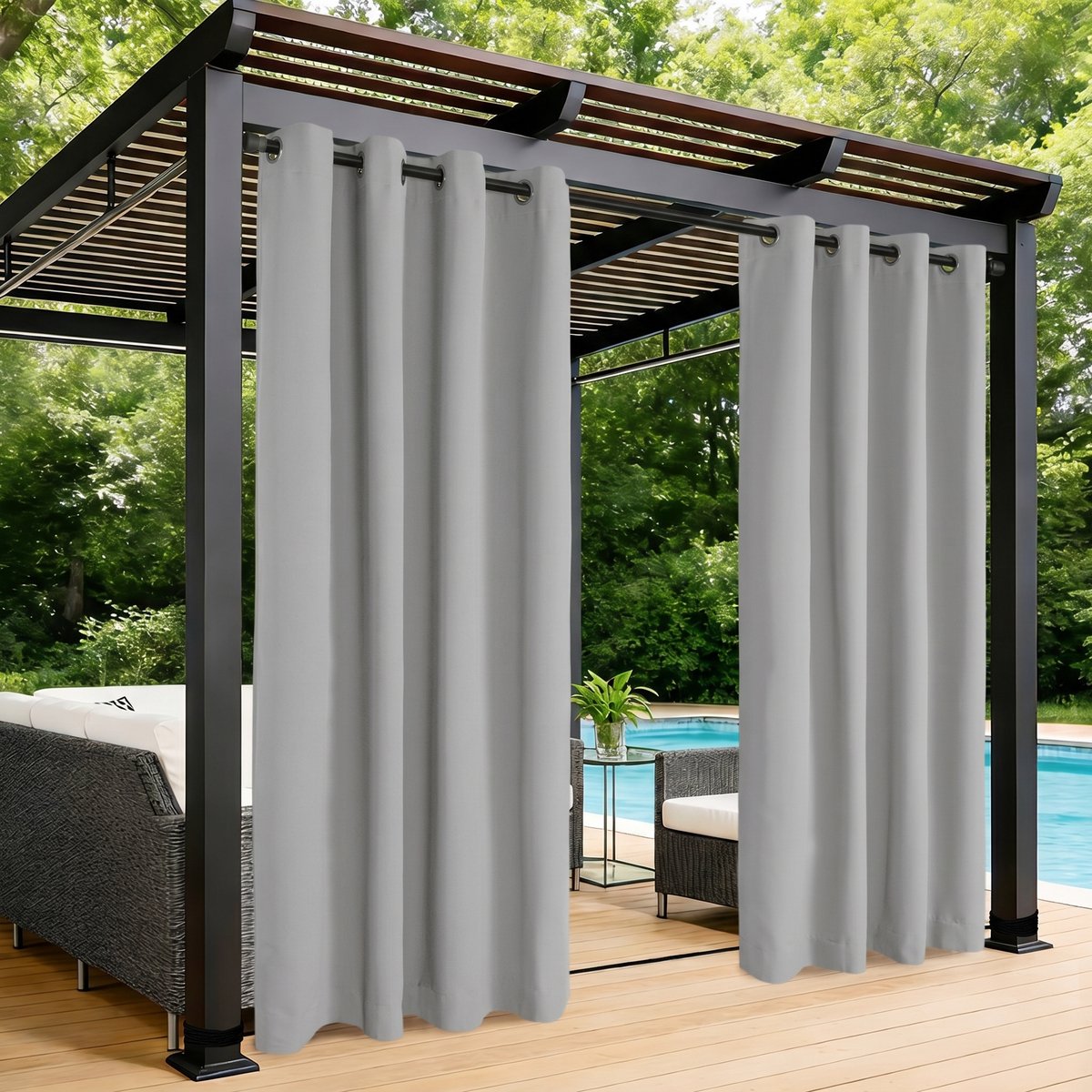 MUPOO Extra Brede Waterdicht Verduisterend Buitengordijnen met Ringen -Outdoor gordijnen Waterdicht & Weerbestendig - Isolerende- Voor Veranda, Pergola & Terras - 180x274 cm - Lichtgrijs-2 stuks(Rideau Extérieur)