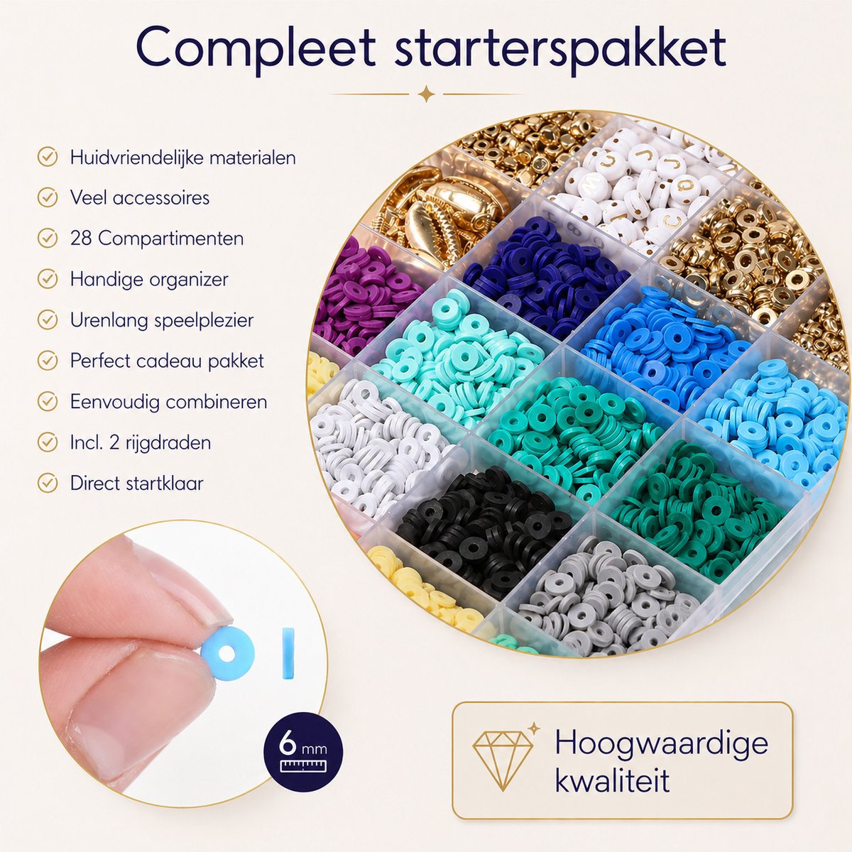 Behave Premium Katsuki Kralen Set - Knutselen Meisjes - Polymeer kralen - Kralenset - Platte kralen - Goudkleurig - Bedels - 28 Vakjes - 19 Kleuren - 6mm - Veel accessoires — afbeelding 2