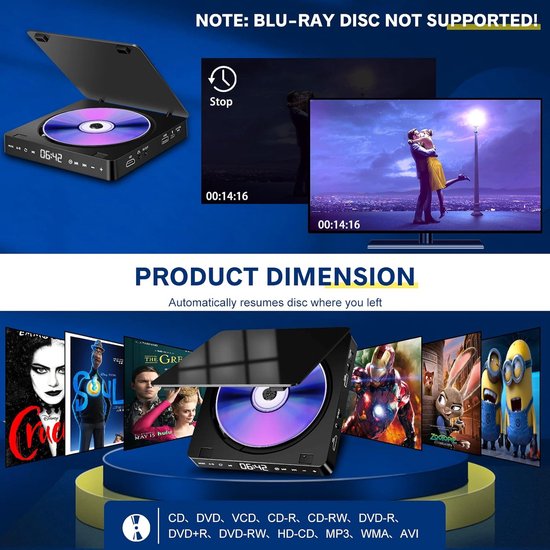 KZQ Draagbare dvd-speler - Externe dvd-/cd-speler - Tv-dvd-speler - Ondersteunt 1080p HD-videoweergave - HDMI/USB/AV-interfaceaansluiting - Touchscreen en draadloze streamingfunctie - Voor thuis, kantoor en entertainmentruimtes van kzq — afbeelding 3