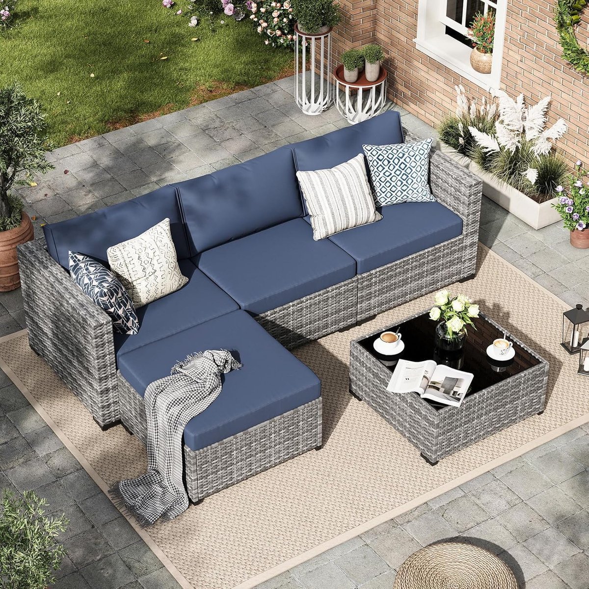Luxe Poly Rattan Lounge Set 5-delig 150 x 200 x 150 cm – Tuinbank Set met 3-zitsbank, Fauteuil, Kussens en Glazen Tafel – Weerbestendig Balkon & Terras Meubilair