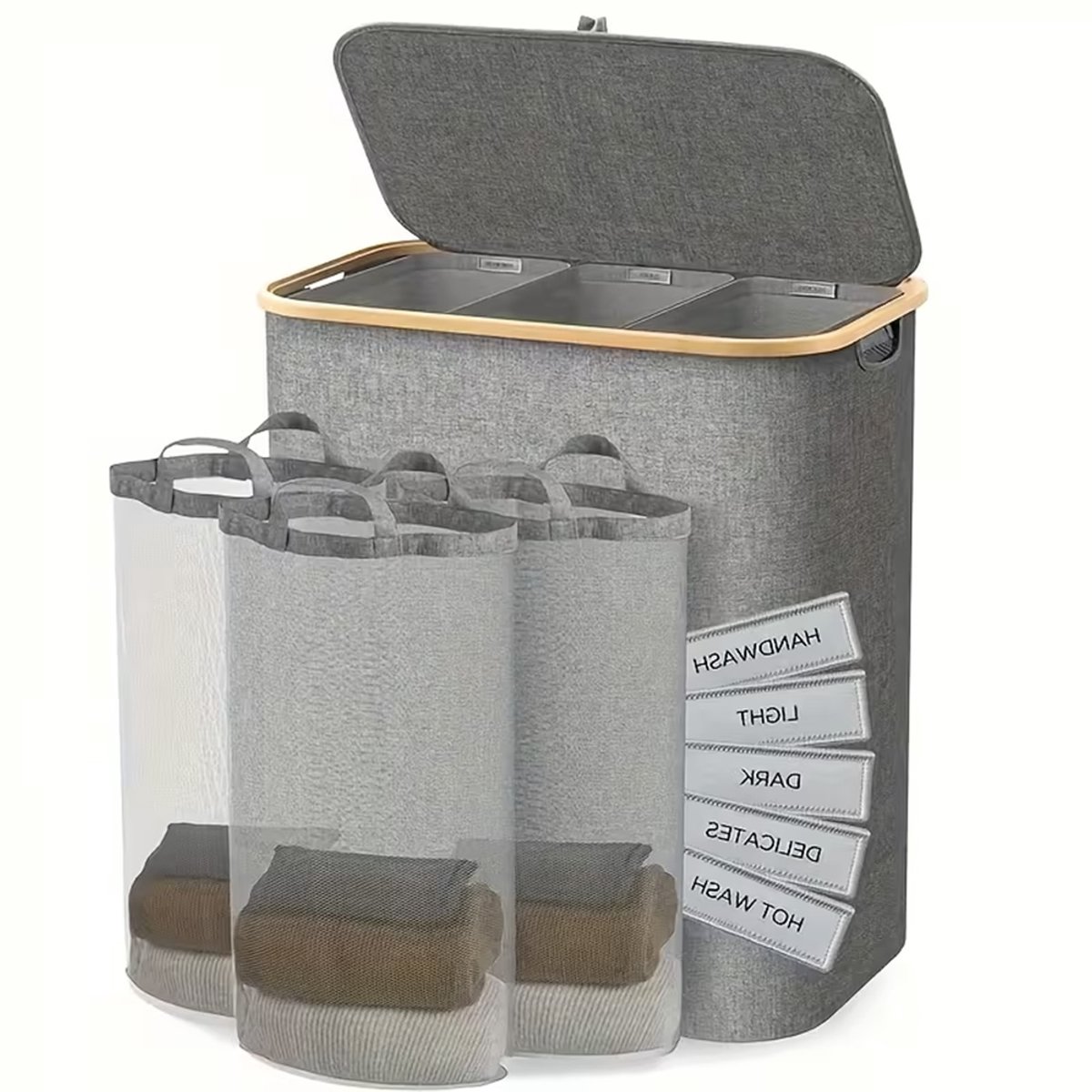 Jently wasmand - wasmand met deksel - afneembare/wasbare binnenzak - 160L - grijs