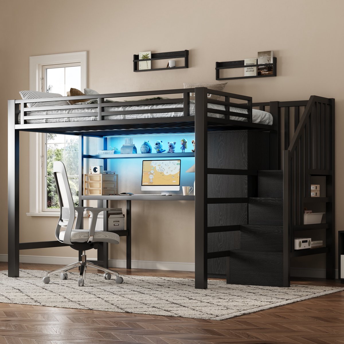 Zubaliya Hoogslaper 140 x 200 cm zwart - Met bureau kledingkast en opbergtrap - LED-verlichting en metalen frame - ruimtebesparend bed - voor tienerkamer - lattenbodem