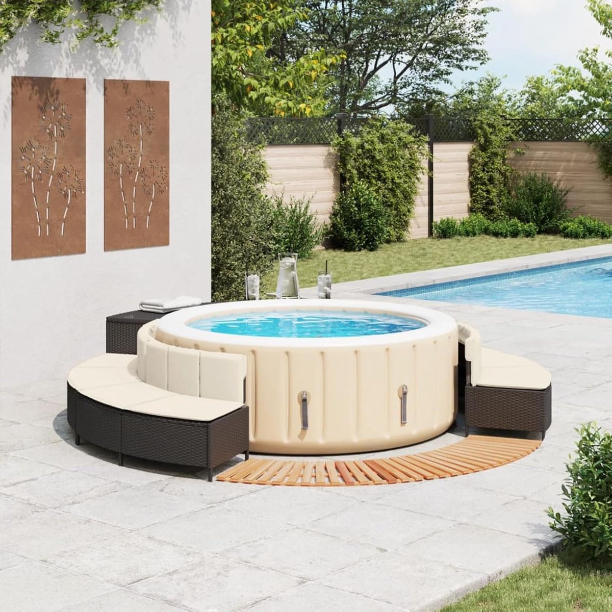 SpaComfort Deluxe Whirlpool Ombouw met Zitbanken, Opbergruimte en Instap Zwart Polyrotan & Acaciahout Modulair en Weerbestendig voor Jacuzzi en Zwembad
