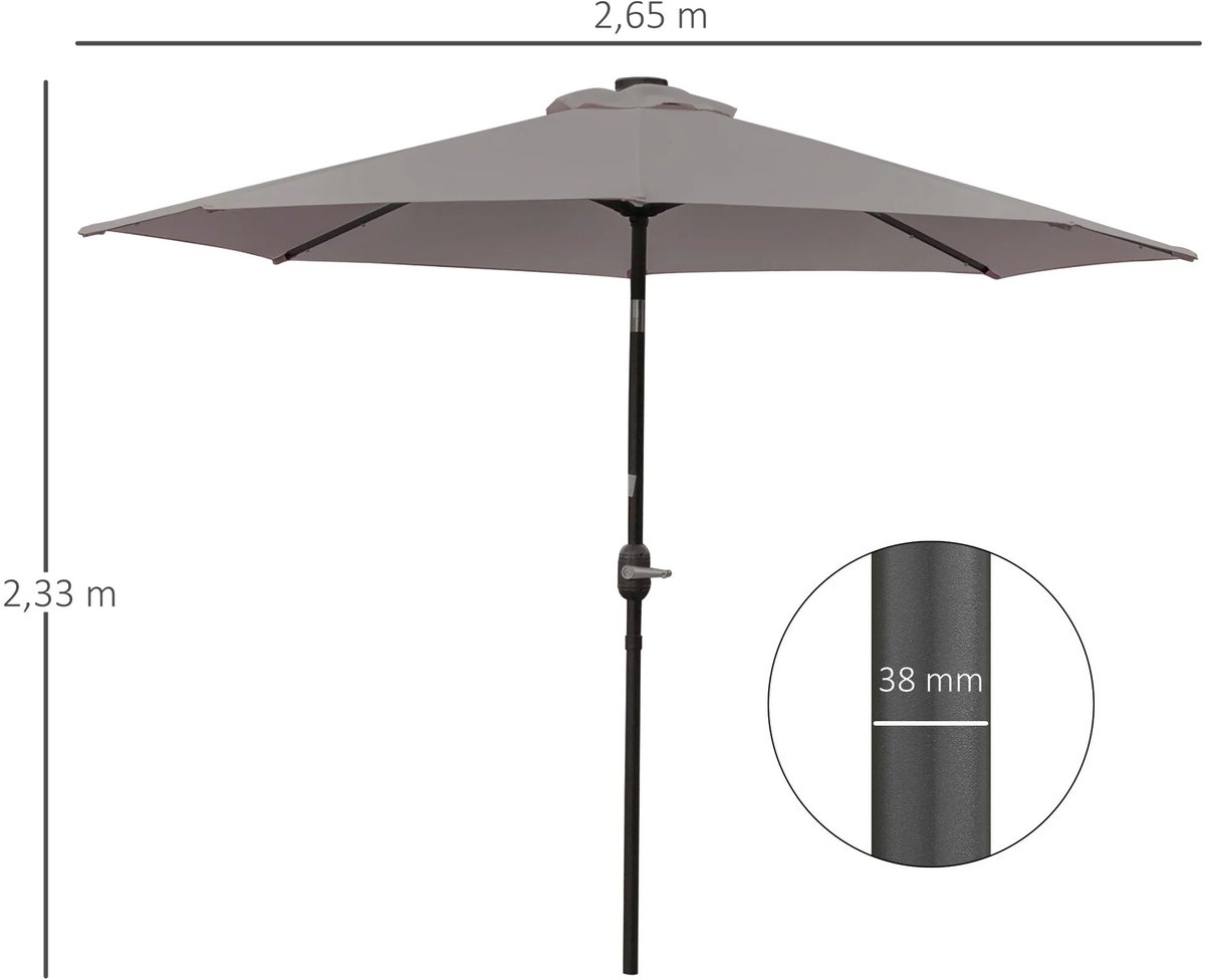 Sello! parasol – 32 geïntegreerde ledlampjes – zonne-energie – UV-bescherming – kantelbaar – stalen constructie – diameter 265cm