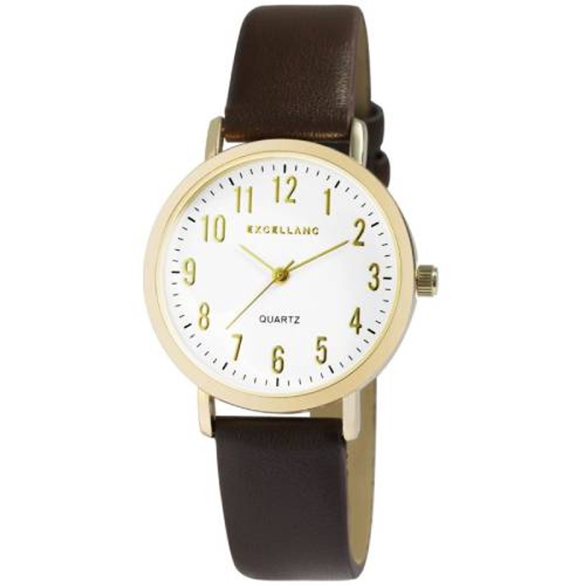 Excellanc-dameshorloge-goudkleurig-bruine band-diameter 34 mm-3 atm-duidelijke wijzerplaat