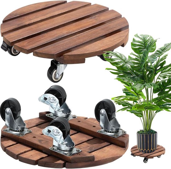 Set van 2 Ronde Plantrollers van Hout 30 cm met 360° Vergrendelbare Wielen voor Zware Bloempotten en Tuinplanten, Weerbestendig en Duurzaam
