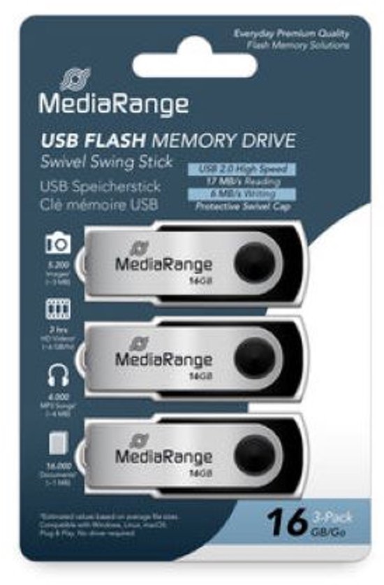 Verpakking met drie zilverkleurige USB-sticks van 16GB met zilverkleurige draaibare kapjes en zwarte draaipunten.