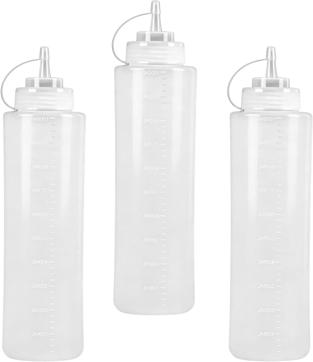 Set van 3 knijpflessen 1000 ml - Plastic spuitflessen voor sauzen, olie en ketchup - Grote sausdispenser met handige doppen