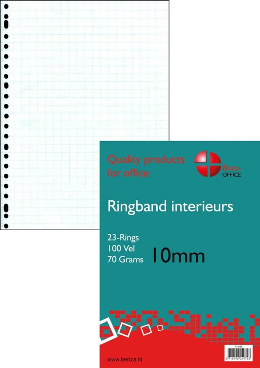 Benza - Ringband interieur A4 - Wiskundepapier Ruit 10 mm-1 cm - 23 ringen - 100 vel