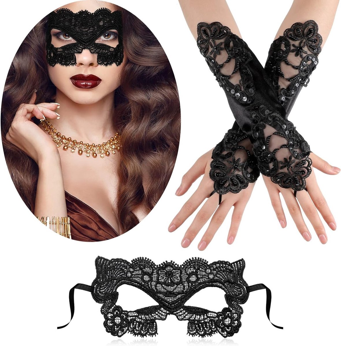Set van 2 Halloween Kostuumaccessoires voor Dames, Zwarte Kanten Masker en Vingerloze Handschoenen voor Feest, Cosplay en Carnaval