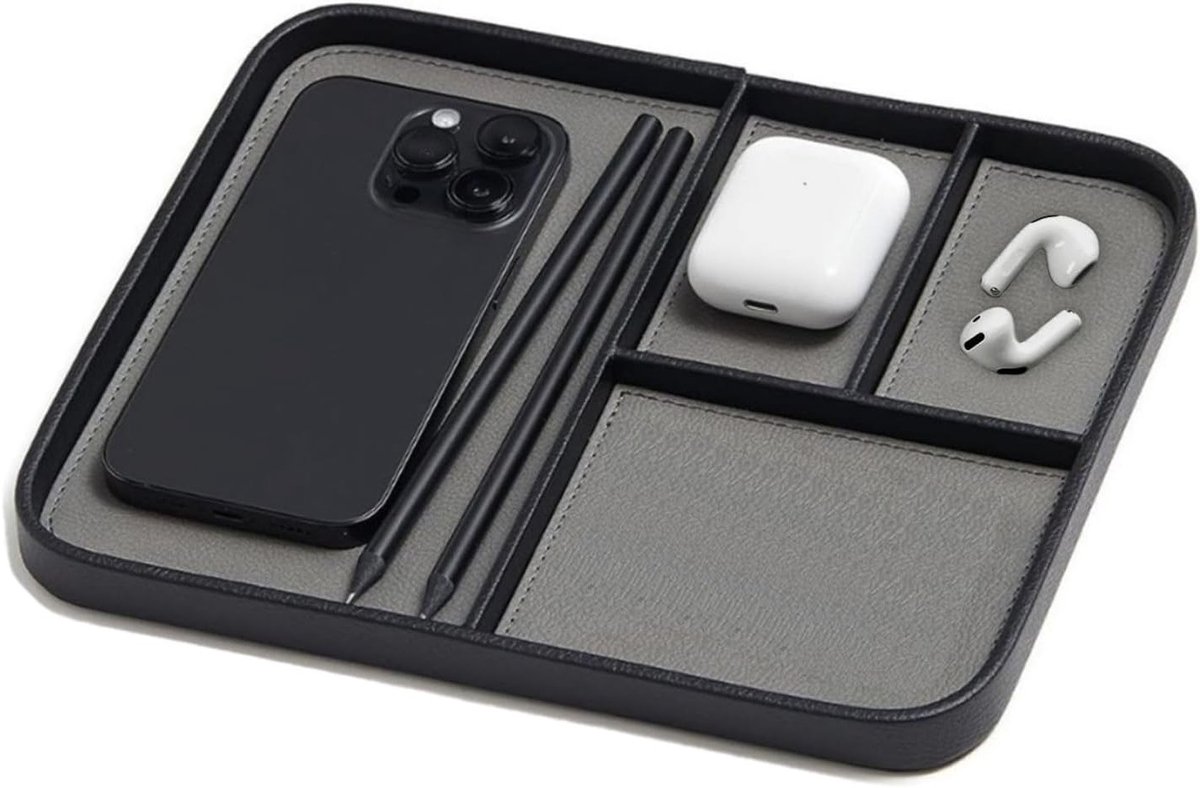 Opbergtray van PU-leer voor sleutels, munten en kantoorbenodigdheden - 30,3 x 20,3 x 3,2 cm (Zwart) - Ideaal voor bureau, entree en organisatie