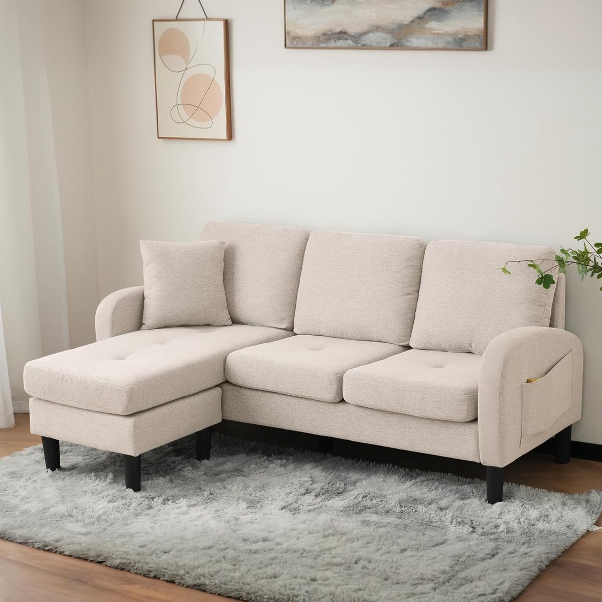 Luxe L-vormige Hoekbank - Met Chaise Longue - Met Slaapfunctie - Beige - 166x118x77 cm - Arqam
