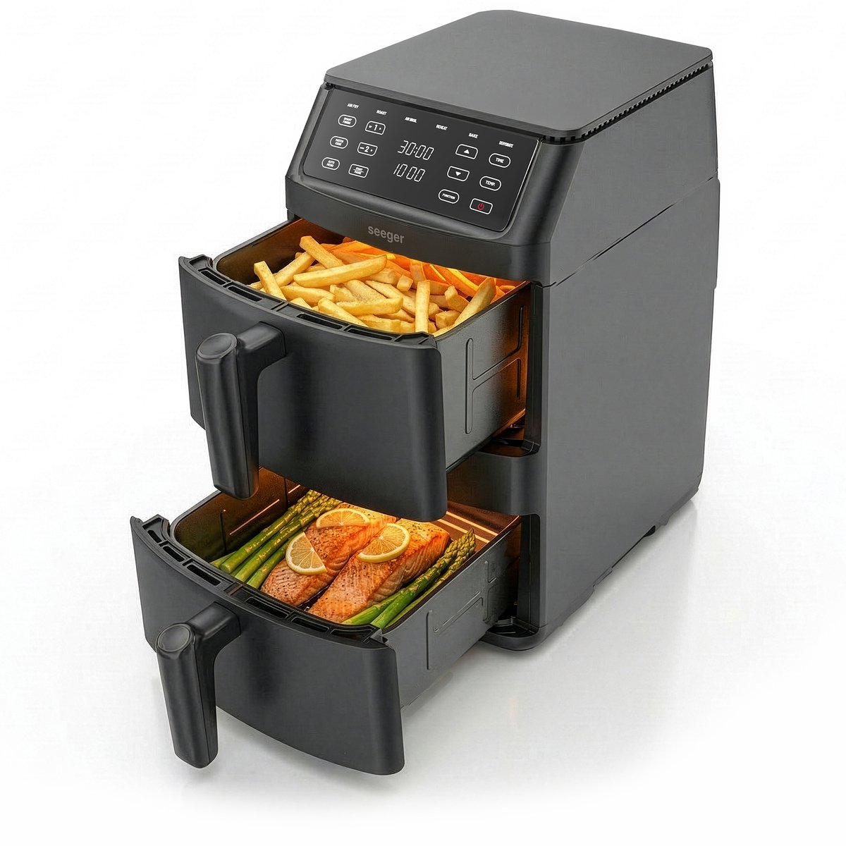 Seeger Dubbele Airfryer - 11 liter, 6 kookprogramma's - Temperatuurbereik 40°C–200°C - PFAS-vrij - Gestapelde lades - Voor 10 personen - Digitaal Touchscreen - SGR1011BK