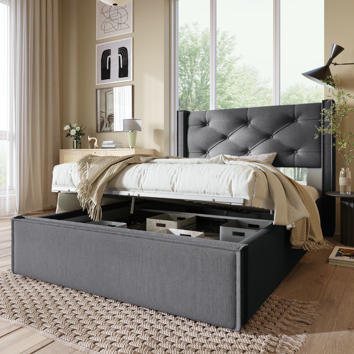 VVBV Bed met opbergruimte 90x200 / Gestoffeerd bed 90x200 / Eenpersoonsbed 90x200 – met Hydraulische Opbergruimte, Lattenbodem – Metaal – Grijs Grey