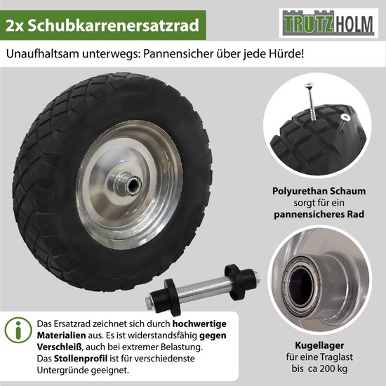 2x kruiwagenwiel lekvrij massief rubber 4.80/4.00-8 grijs/zwart + as Reservewiel Banden PU van Merkloos	 — afbeelding 4