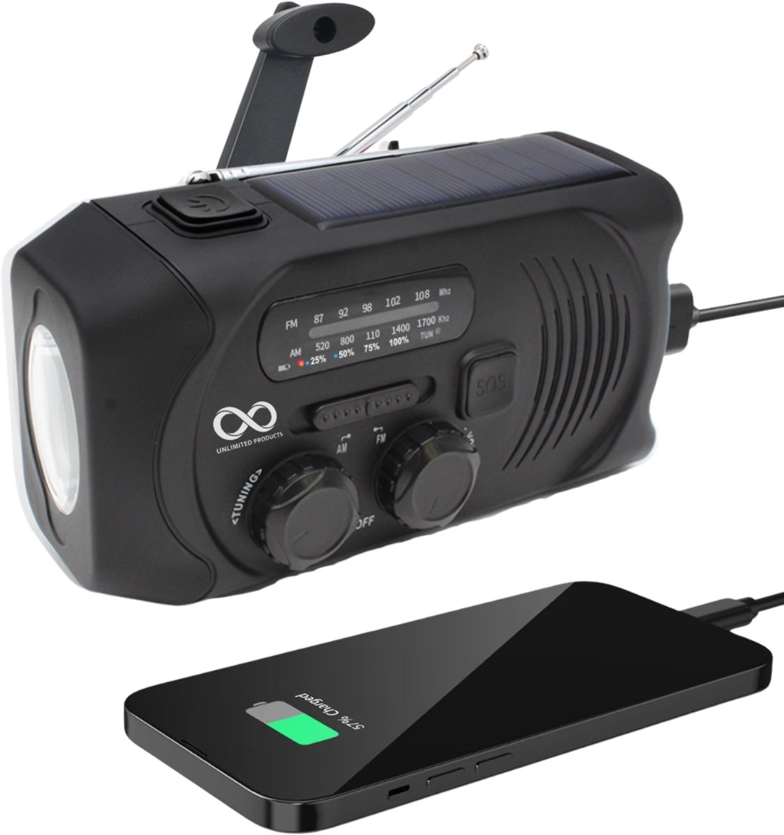 Noodradio - Solar - Opwindbaar - Zwart -Powerbank zonneenergie - Zaklamp - draagbare radio