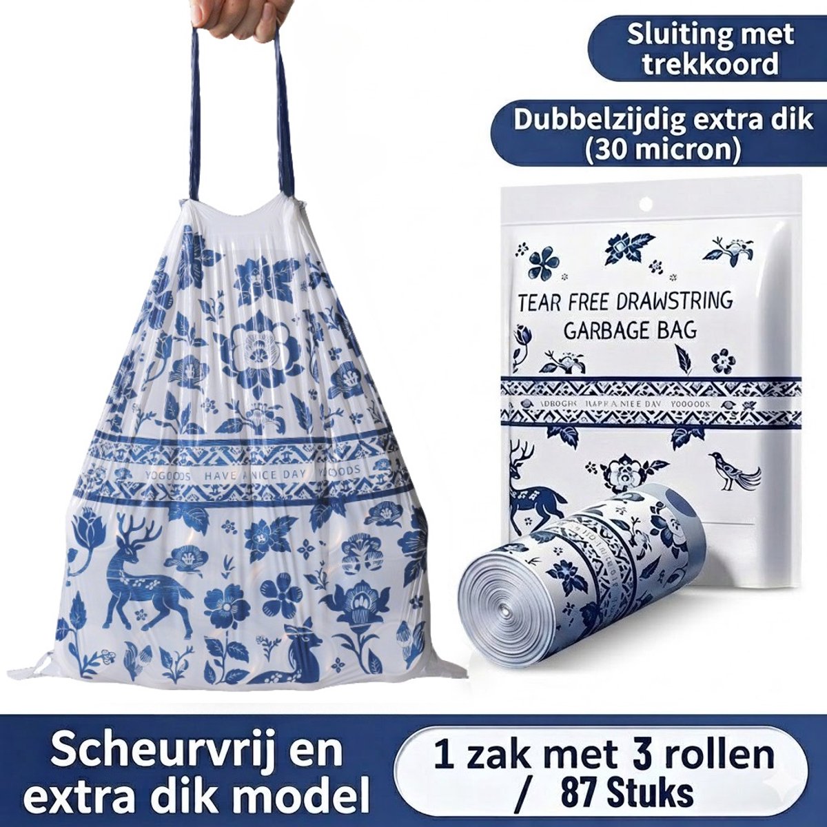 Extra Sterke Afvalzakken met Trekkoord - 20 Liter 87 Stuks - Scheurvaste Vuilniszakken - Stijlvol Delfts Blauw Design - Lekvrij & Extra Dik - Pedaalemmerzakken voor Keuken - 50*60CM- Universele Pasvorm voor Prullenbak - Niet Doorschijnend