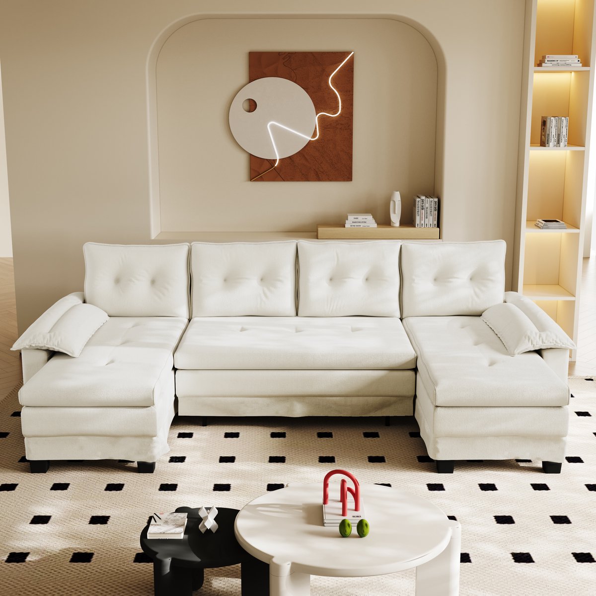 Wishdor - U-Vormige Modulaire Slaapbank - Uitschuifbaar 2-In-1 Ontwerp Met USB-Aansluiting En Afneembare Armleuningen - Modern Voor Woonkamer Of Appartement - Chenille - Beige - 278 X 127 X 87 Cm