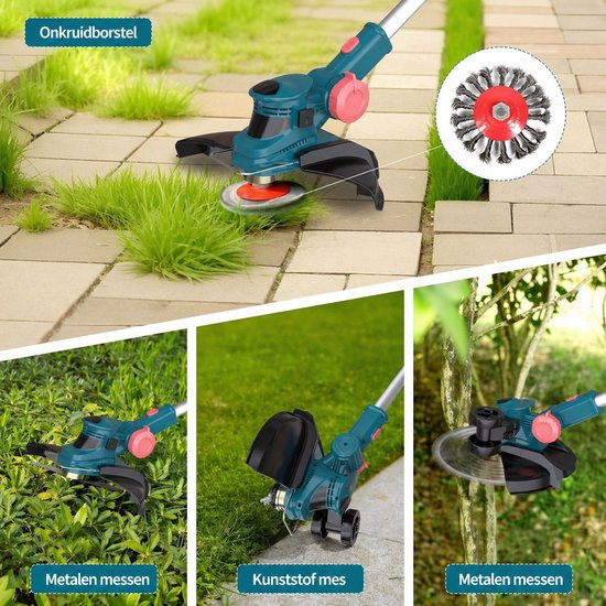 Grastrimmer met groene kop en rode knoppen, naast betegeld pad. Inzet: metalen mes, kunststof mes en draadborstel.