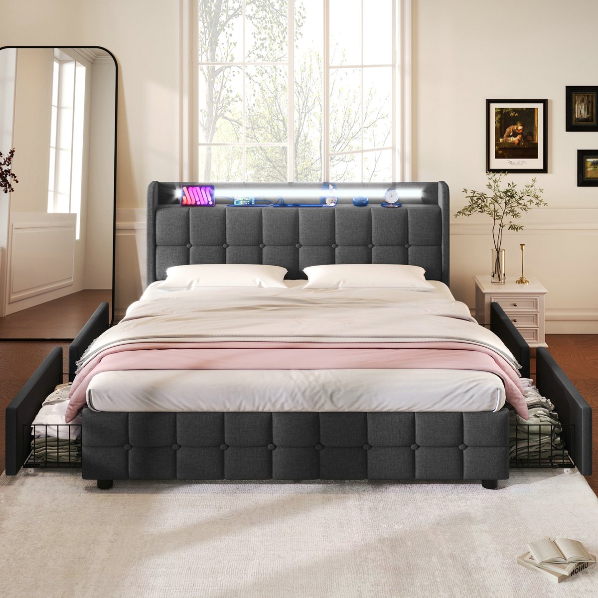 VVBV Bed met opbergruimte 160x200 / Tweepersoonsbed 160x200 – met Lades, LED-Verlichting, USB, Stopcontact, Lattenbodem – 4 Lades – Hoofdbord – Grijs